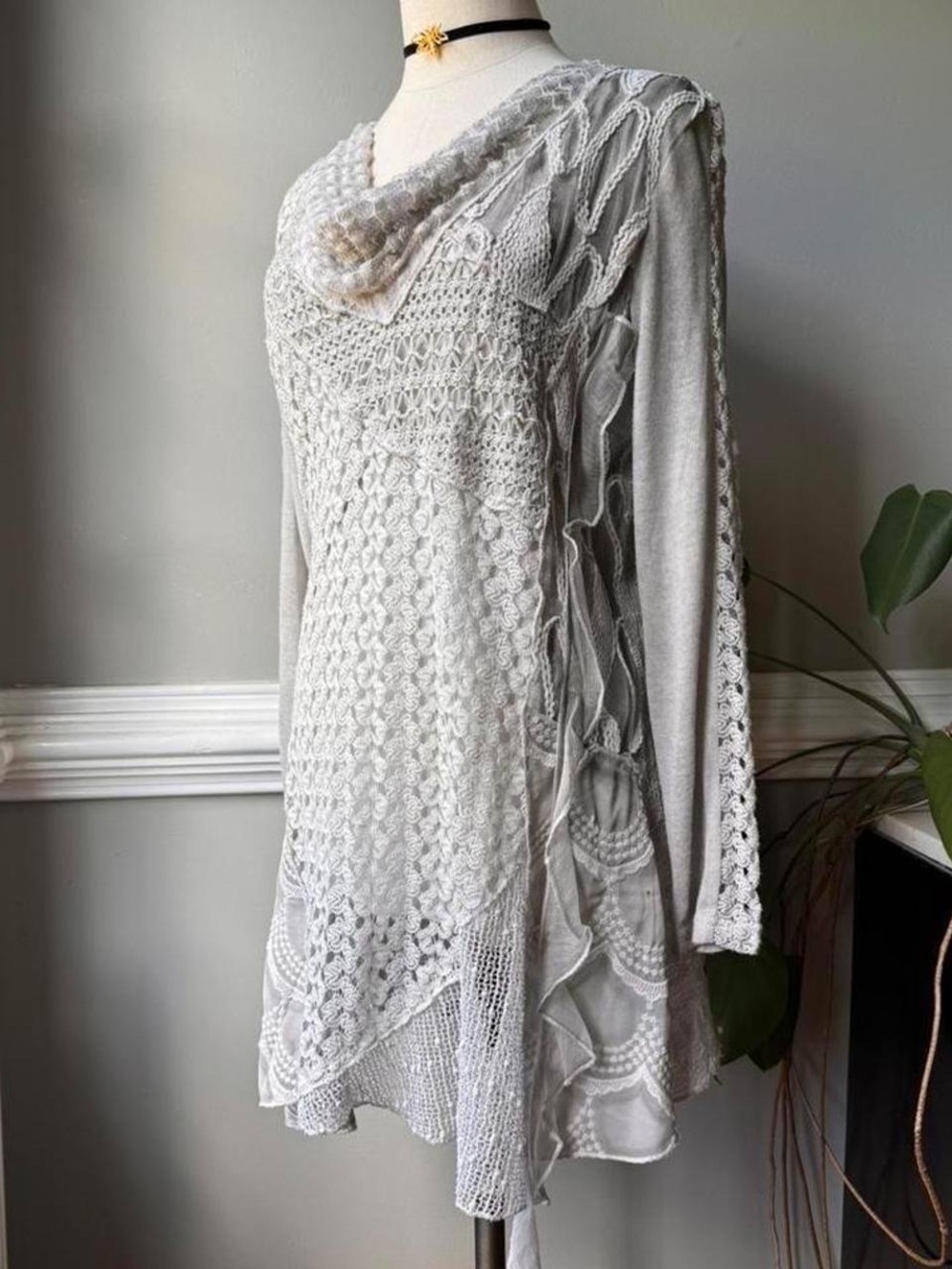 Light Gray Crochet Knit Midi Dress with Draped Neckline